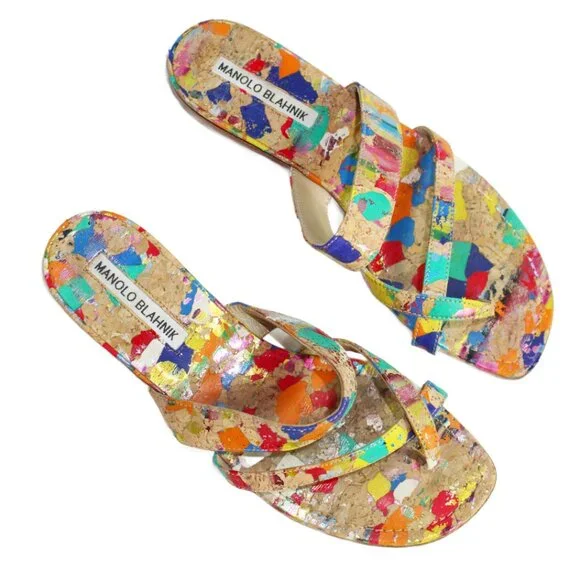 Manolo Blahnik Susa Spatter Paint Cork Flat Sandal Size 6.5 - Picture 8 of 10